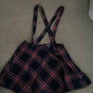 red and black plaid suspender skirt